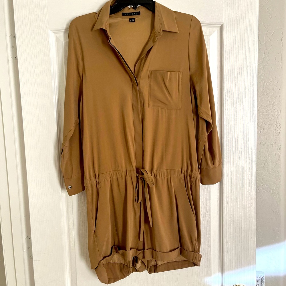 Long sleeve silk Theory romper with tie waist